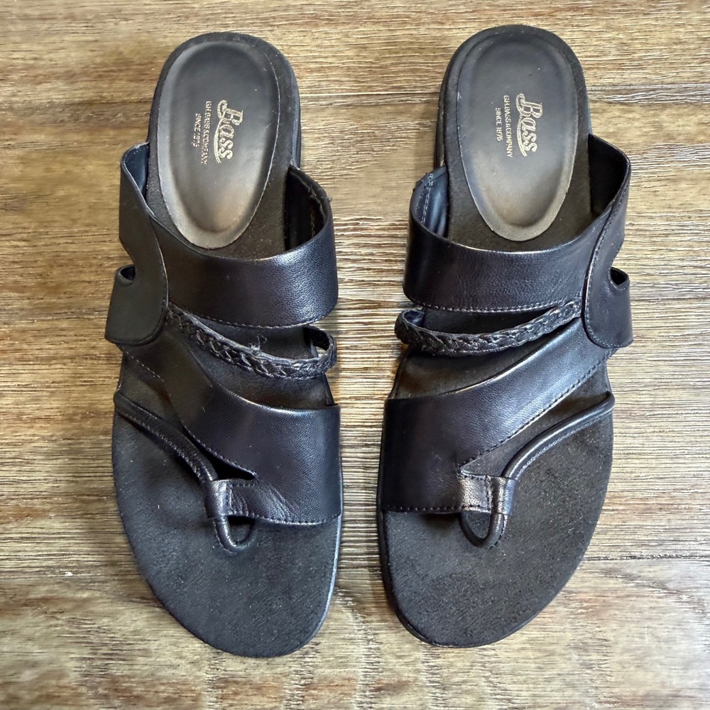 GH Bass Womens Black Leather Braided Strappy Toe Loop Wedge Slide Sandals 9M - Picture 3 of 9